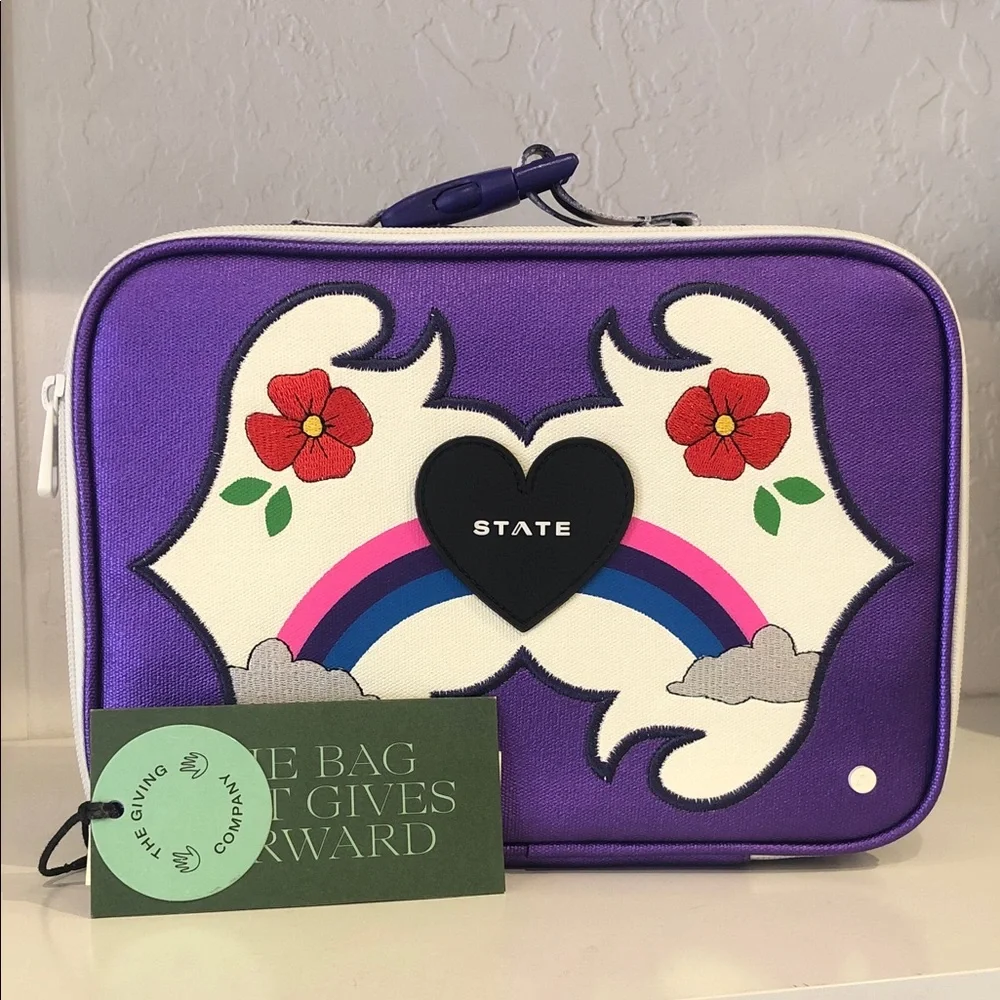 STATE Purple Rainbow Heart Cosmetic Case with Floral Motif